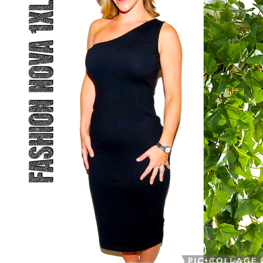 🔥NWT~Fashion Nova Elegant Black One-Shoulder slimming Dress Stretchy SZ:1XL mini